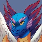 A close up of the face of a blue lizard with purple amber frills and white wings. She is displaying an intense anger, with narrowed slits, and a dark crease between her eyes.