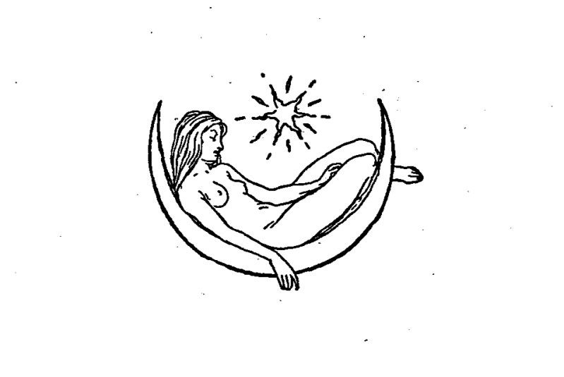 A feminine figure reposes in a crescent moon with closed eyes. Above them is a bright shining star. Black and white, no colour, outlines only.