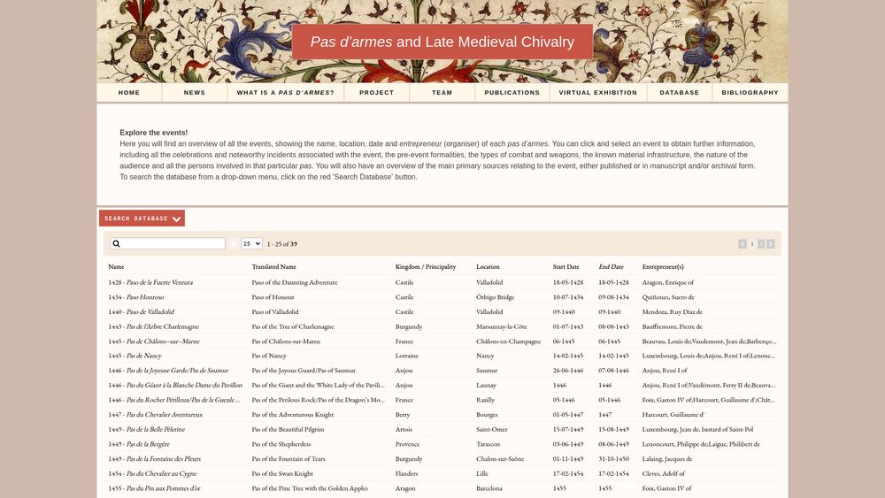 Pas d'armes database interface