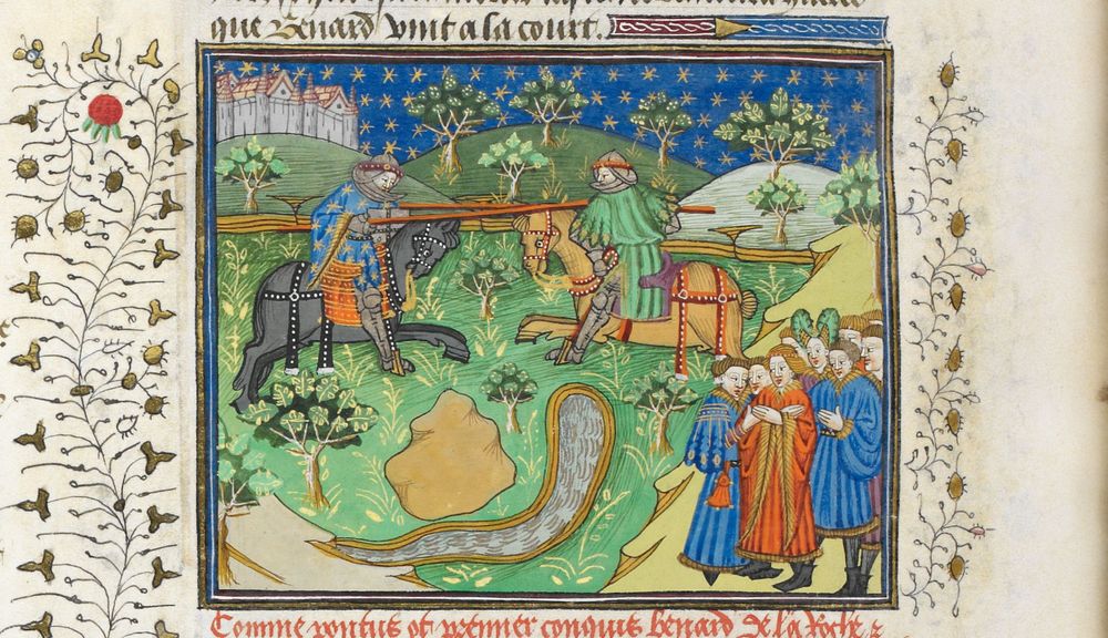 Scene from an illuminated manuscript of the romance of Ponthus et Sidoine: a combat between Ponthus and an opponent (London, British Library, Royal 15 E VI, fols 213r, 213v, 215r. Photos: BL).