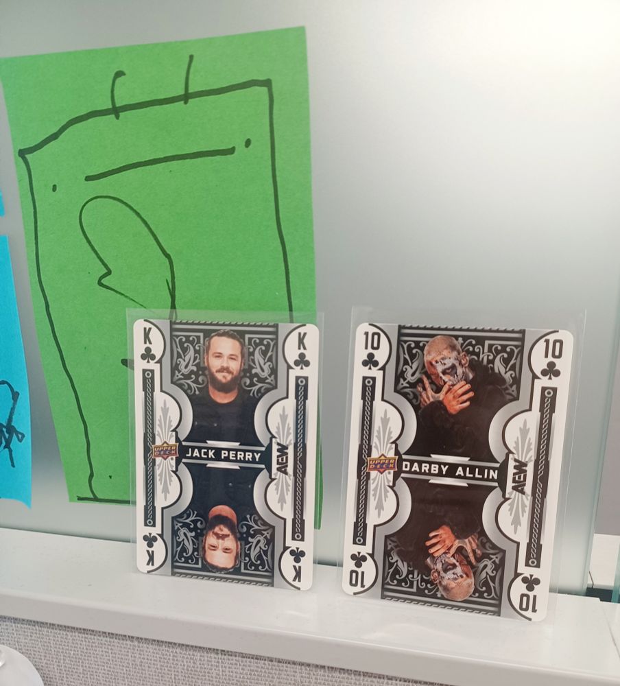 Jack Perry and Darby Allin 2025 Upper Deck cards set against a very cute child's drawing of a caterpillar