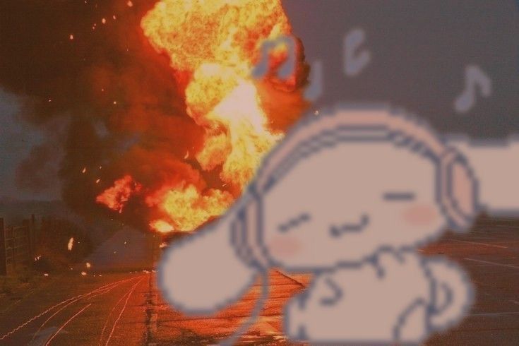 cinnamoroll with headphones vibing while there is an explosion behind him