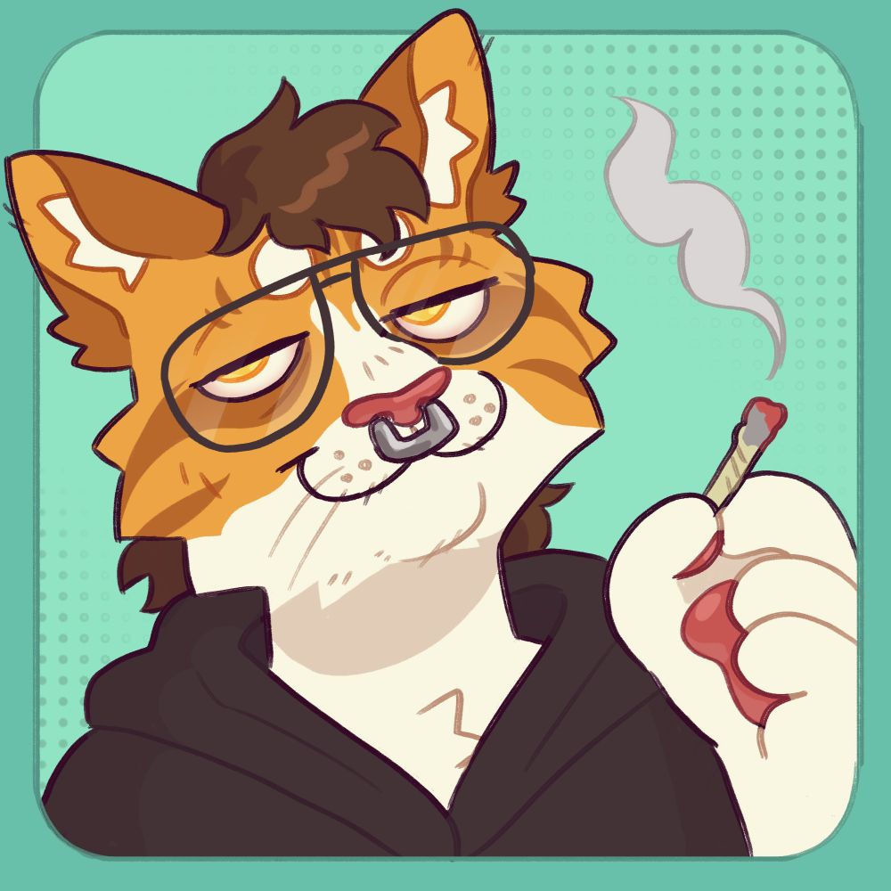 Digital art of a bust shot of an anthro orange and white tabby smoking a joint. He has glasses, a brown mullet, a black hoodie, a septum ring, and he's smiling with half-lidded stoned eyes as he holds a lit joint.