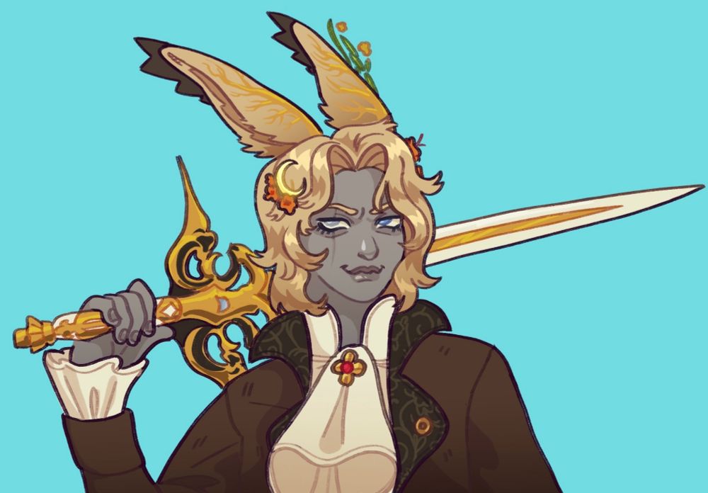 Digital art of a viera from Final Fantasy 14, holding a sword over his shoulder as he smirks confidently at the viewer. He has gray skin and warm blonde jaw-length hair. He's wearing a fancy brown suit jacket with a raised collar over a frilly white undershirt with a brooch on the jabot collar.