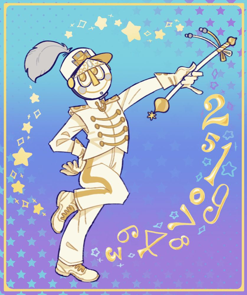 Digital art of Clockboy, a character based on Disney's character, Glockenspiel. He's smiling and posing with one knee up, holding a drum major's mace up in one hand with the other hand on his hip. He's wearing a white and gold drum major's outfit, with stars, sparkles, and clock numbers around him.