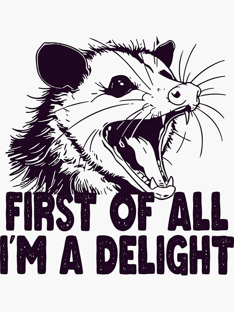 The image features a stylized illustration of a possum with its mouth open, displaying sharp teeth. The possum's fur is depicted with bold, black lines, and its ears are dark and prominent. The background is plain white, allowing the possum to stand out. Below the animal illustration is a bold text in capital letters, which adds a humorous tone to the image.

Alt-text:

A stylized illustration of a possum with its mouth open above the text, "FIRST OF ALL, I'M A DELIGHT."

Transcribed Text:

FIRST OF ALL I'M A DELIGHT