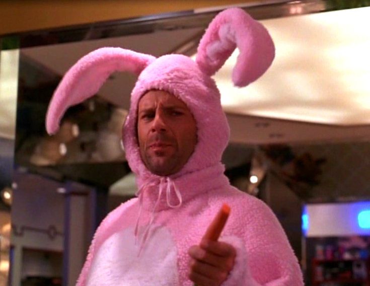 Bruce Willis in North, wearing a pink bunny suit. 