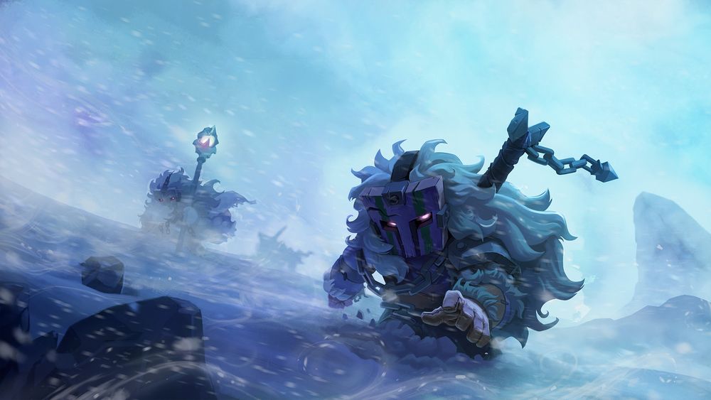 Concept art for Hytale featuring masked warriors trekking through deep snow.