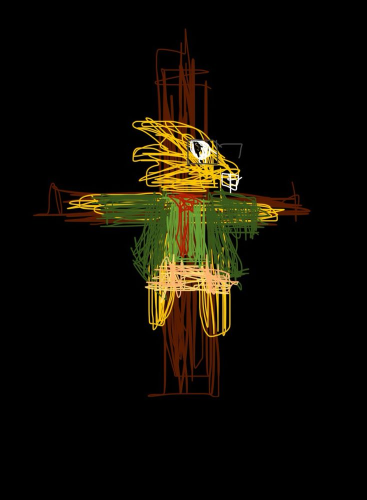 a crude drawing of alphys on a cross.