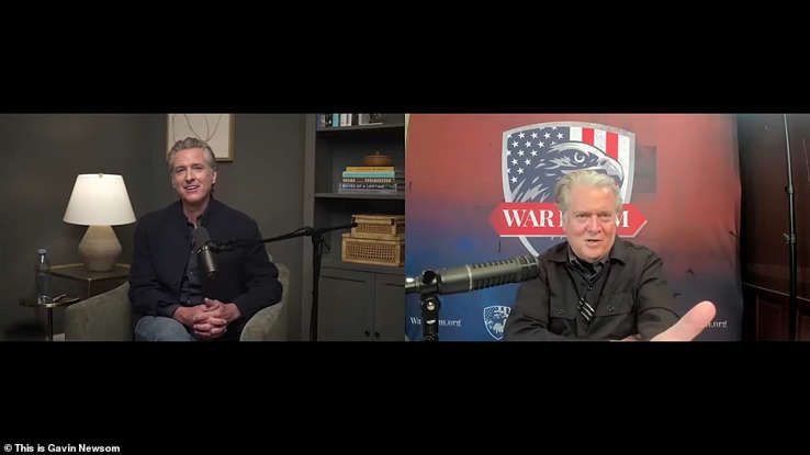 two maga (one blue, one red) assholes having a friendly podcast chat