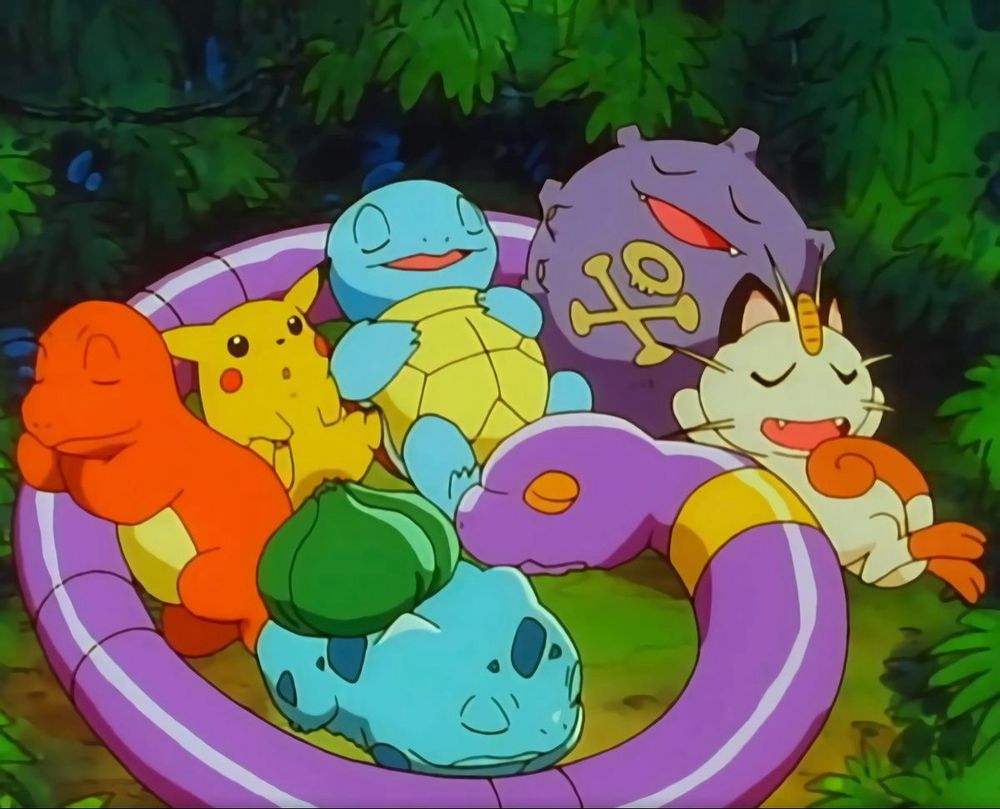 you see an ekans pokemon curled around a charmander, bulbasaur, squirtle, pikachu, koffing, and meowth. they’re all sleeping but the pikachu