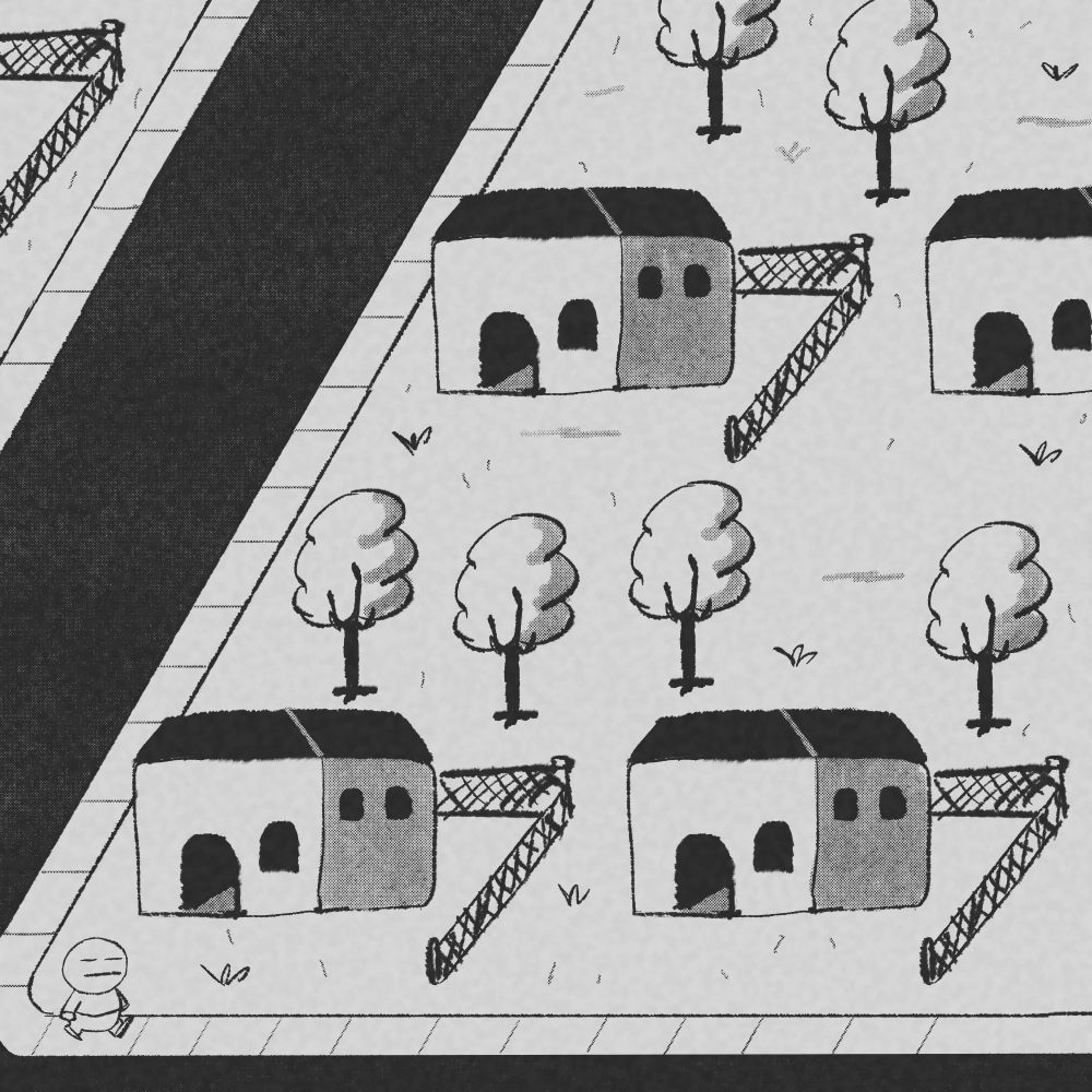 A character with an inexpressive face walks on the sidewalk in a foreboding neighborhood 