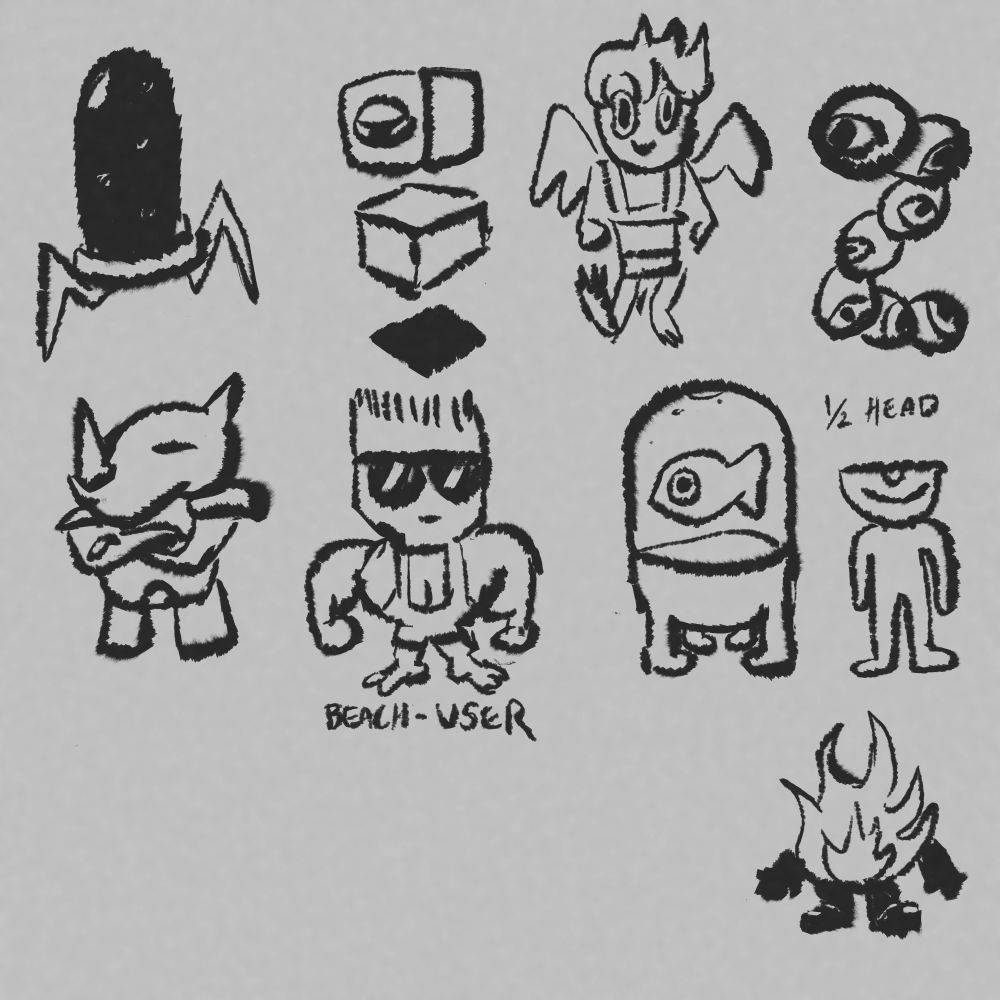 More little guys:
Capsule of dark bubbly liquid, with legs
Entity made of two floating cubes. The top cube has an eye.
Cherub in leather harness
Snake of spheres with eyes on them
Armored rhino man
Muscled guy with shades, dressed for the beach. His name seems to be BEACH-USER
Four legged aquarium with fish living inside its bubble dome
Plain man with half his head missing. He is labeled “1/2 Head”
Fire with boots and gloves 