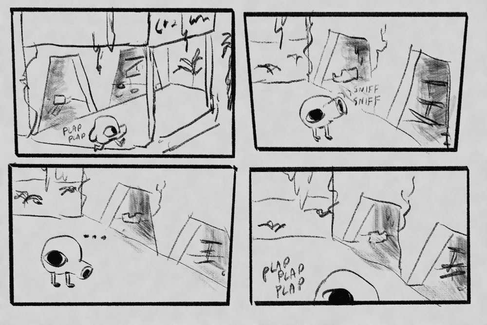 Panel 1: a little creature with two legs, a snout, and an ass walks through a ruined and overgrown concrete structure
Panel 2: the creature stops to sniff the air. Dark interiors cluttered with garbage are seen through two open doors. 
Panel 3: the creature stands still, contemplating.
Panel 4: the creature moves on, plapping its little feet on concrete 