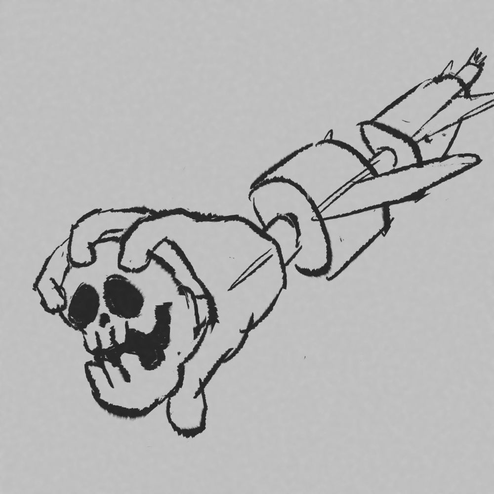 Segmented rocket. The leading segment looks like a hand gripping a skull