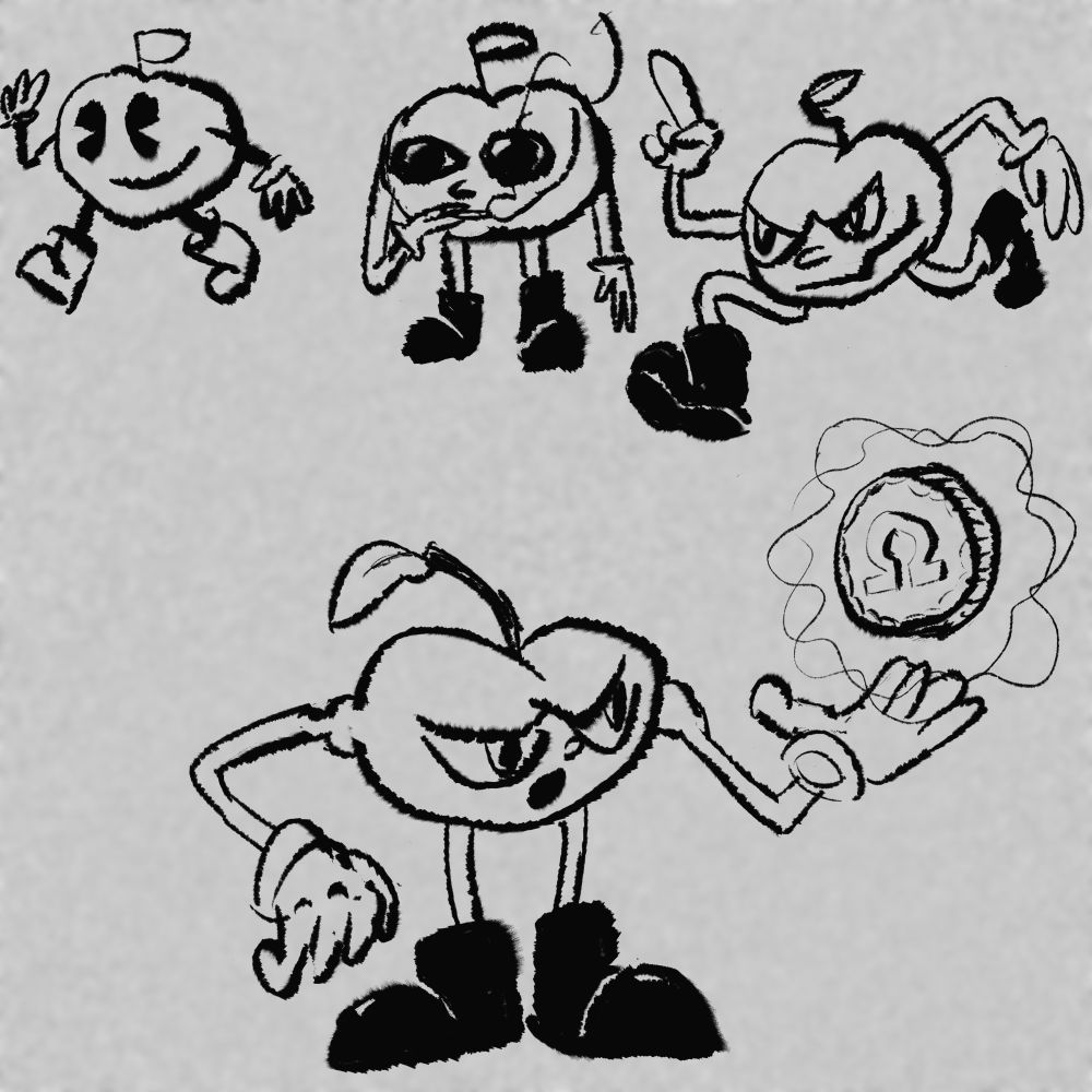 4 drawings of a little apple man.
1: cute simple apple man with pie eyes
2: apple man with realistic soulful eyes smokes cigarette
3 and 4: apple man’s more modern design with bigger hands + feet, new “attitude” face, and ability to collect Omega Coins