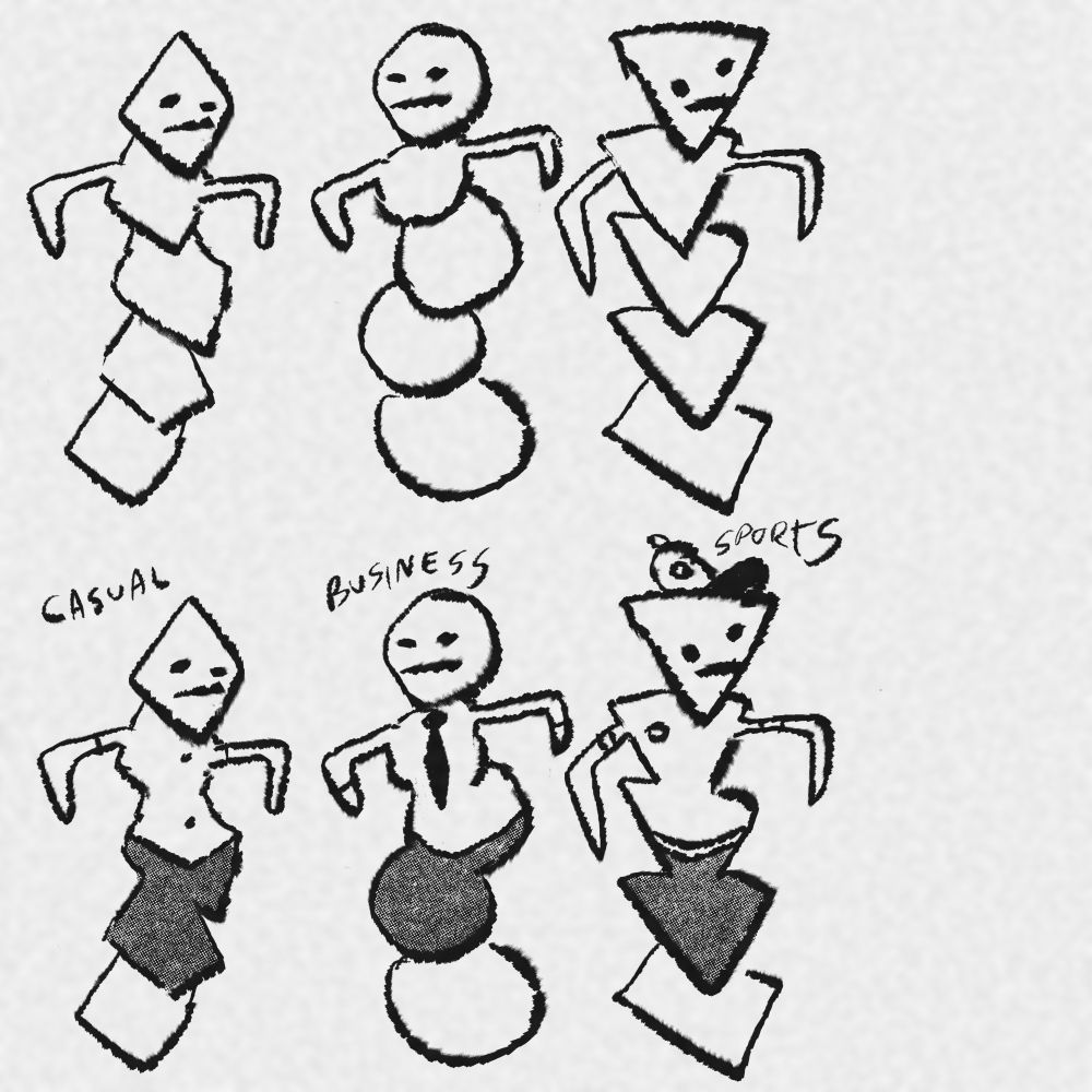 Three segmented worm creatures in 2 versions: 1 nude, 1 in signature looks (Casual, Business, and Sports)