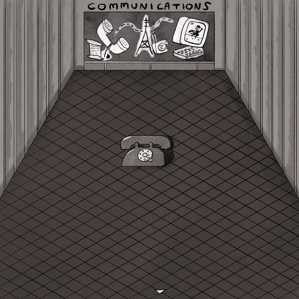 A giant empty hall with a huge rotary phone at its center. A mural on the back wall is labeled COMMUNICATIONS and depicts methods of communication through the eras 