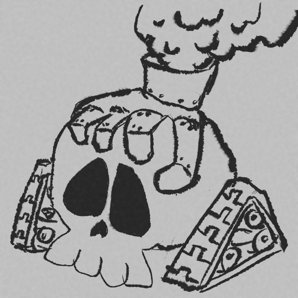 A skull with tank treads. A smokestack on its roof looks like a metal played hand gripping the skull 