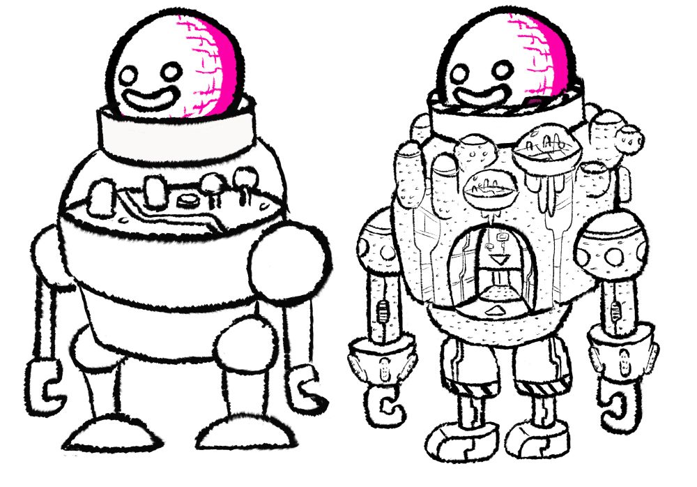 2 silly drawings of space station mechs with smiling spherical heads. The first one looks like a 60s robot with a domed city in its torso. The second one has the same basic shape but is covered with more detail, domed protrusion, panel lines and little windows.