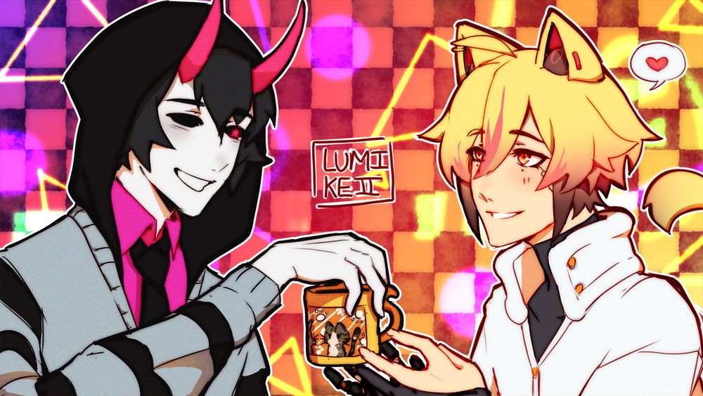Tei (left) handing Lumi (right) a cup of coffee with various neon abstract elements in the background. Both are smiling at each other.