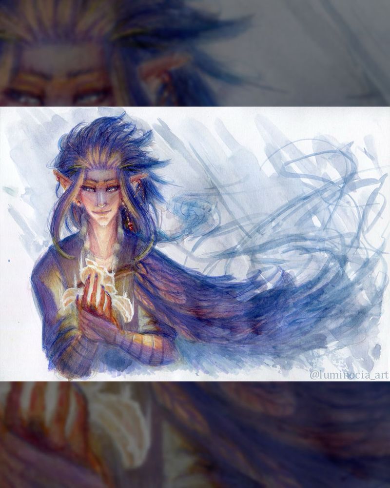 Mixed media painting of one of my OCs holding an iris made of warm light