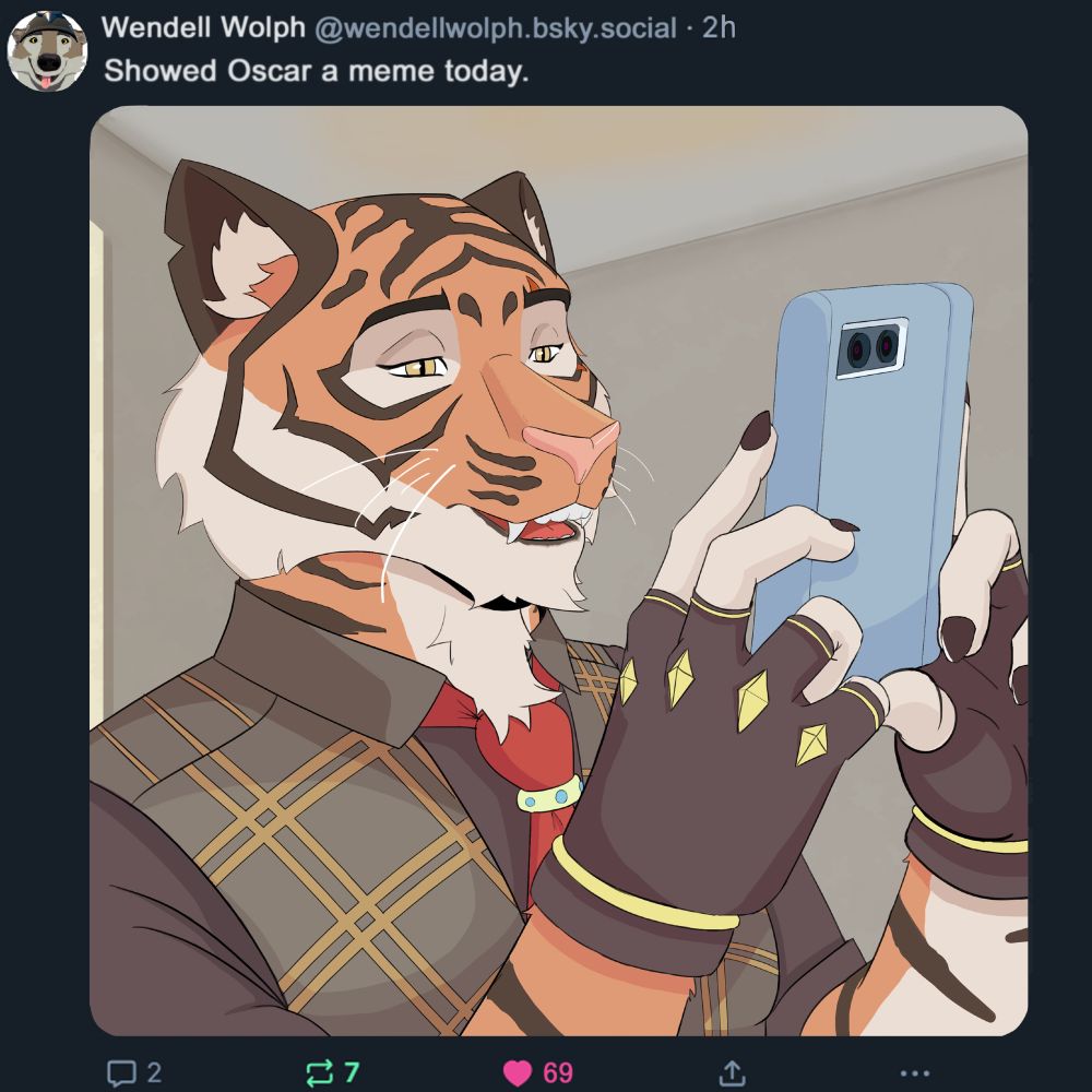 Wendell from Fortnite making a post on Bluesky. The caption reads "Showed Oscar a meme today.". The image attached shows Oscar from Fortnite looking at his phone very confused. 