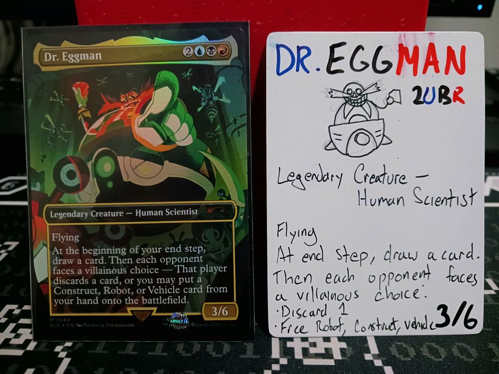 a dr. eggman magic: the gathering card next to a proxy of the same card. the art quality is drastically different