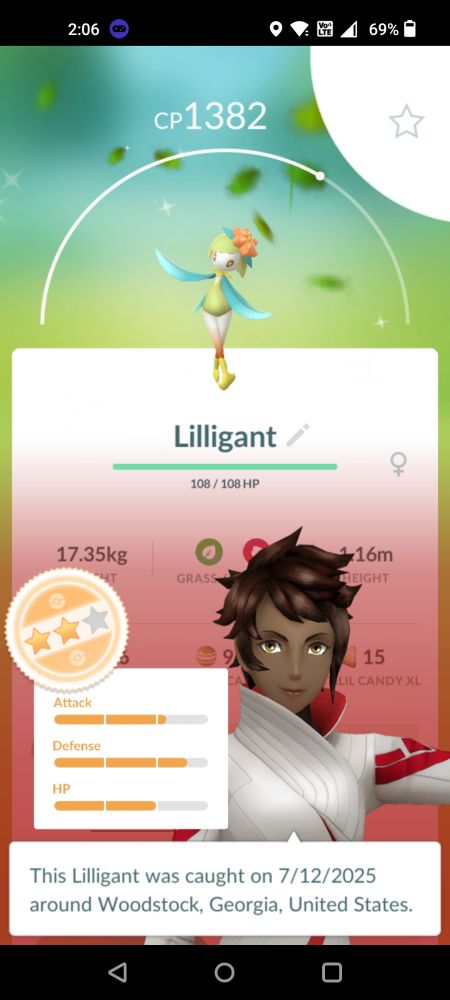 A shiny Hisuian Lilligant that has a two star evaluation.