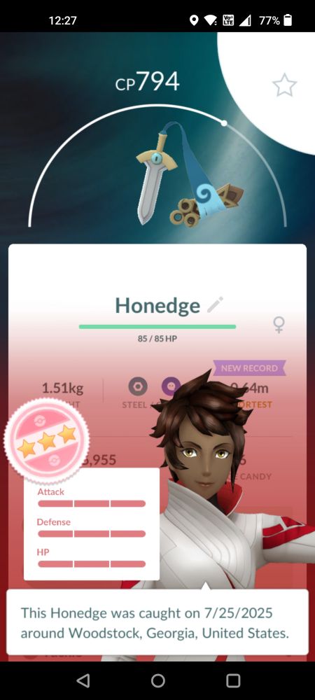 A screenshot of the sword Pokemon Honedge showing that it's a four star