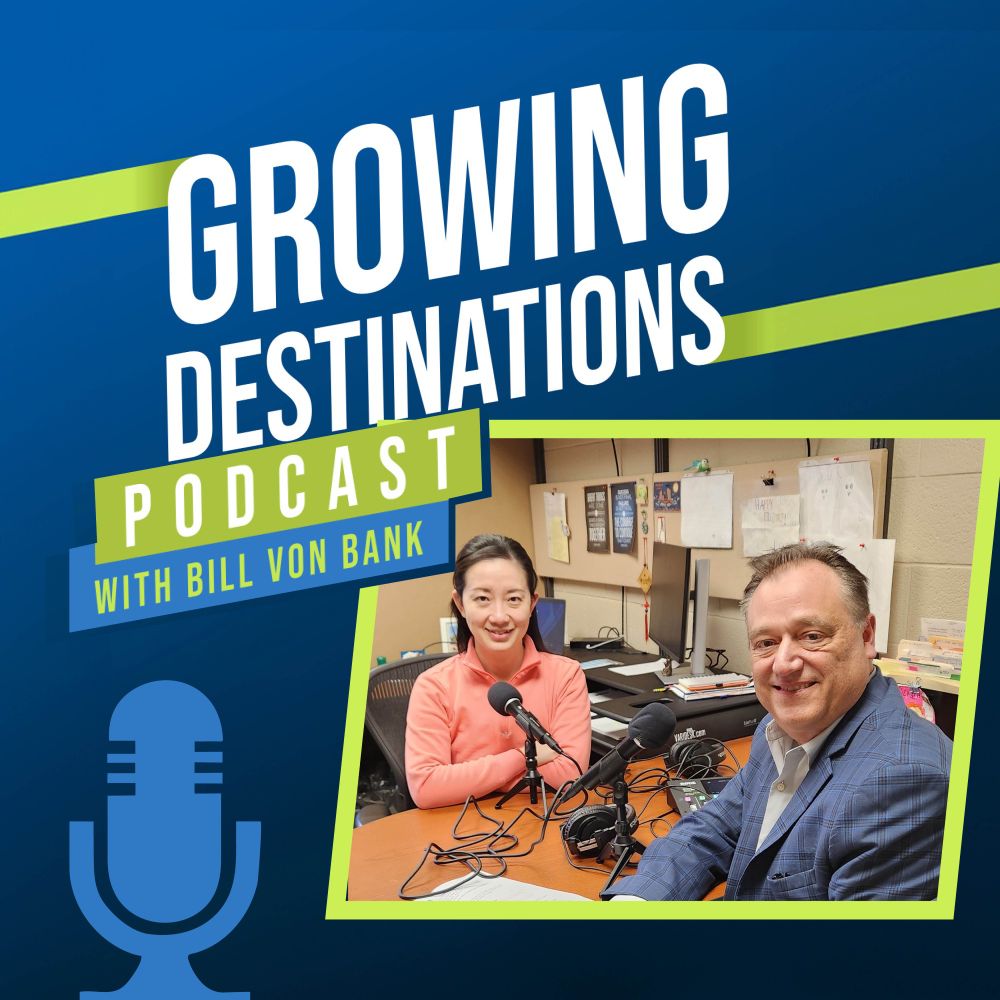 A promotional graphic for the Growing Destinations podcast featuring a snapshot of Xinyi Qian and Bill von Bank recording a podcast episode.