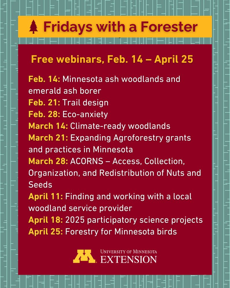 A list of webinars that reads: Feb. 14: Minnesota ash woodlands and emerald ash borer. Feb. 21: Trail design. Feb. 28: Eco-anxiety. March 14: Climate-ready woodlands. March 21: Expanding Agroforestry grants and practices in Minnesota. March 28: ACORNS – Access, Collection, Organization, and Redistribution of Nuts and Seeds. April 11: Finding and working with a local woodland service provider. April 18: 2025 participatory science projects. April 25: Forestry for Minnesota birds.