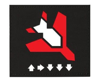a patch with a plane and a bomb on it, with the arrows up, right, down down down underneath