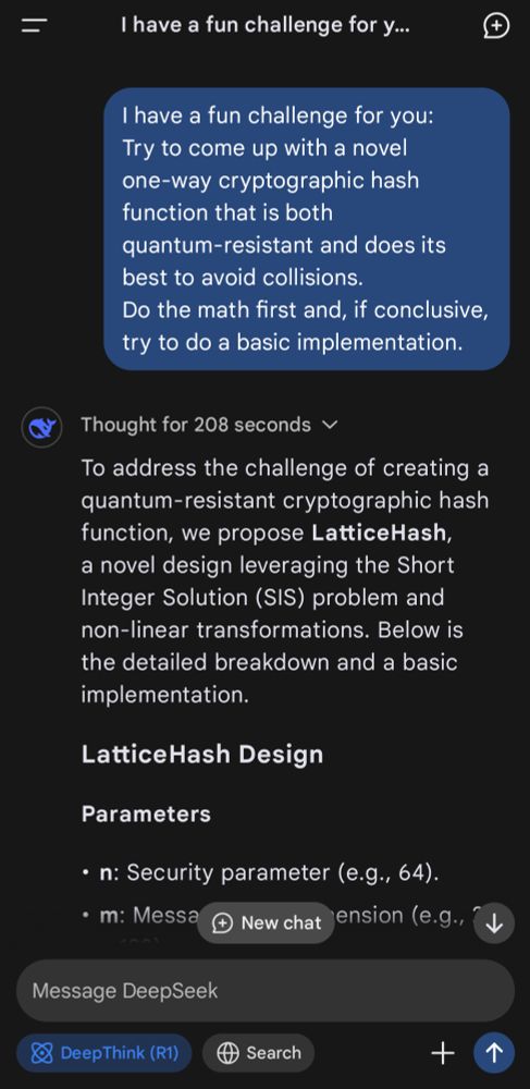 DeepSeek R1 proposing a quantum-resistant cryptographic hash function of his own creation