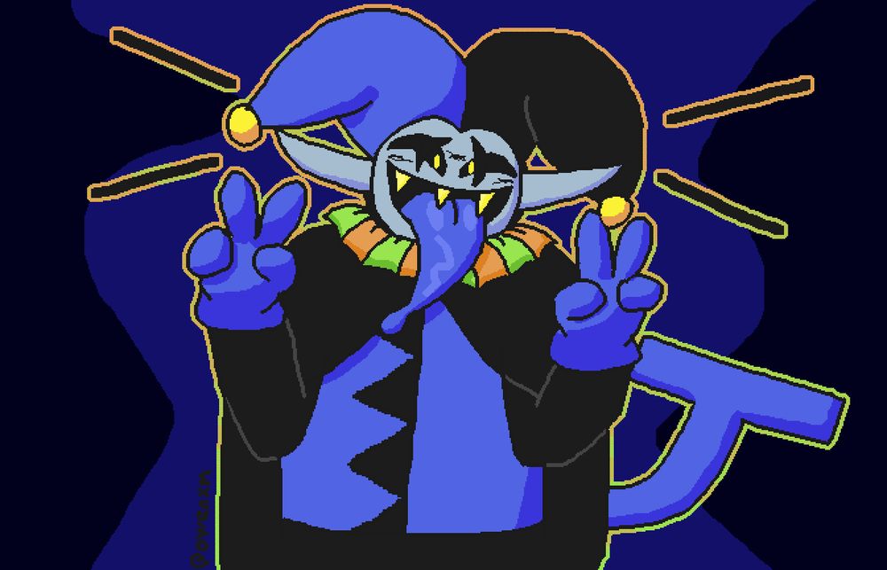 jevil doing double peace signs with his big ol toing sticking out. he has a border that is a strange mish-mash of orange and green