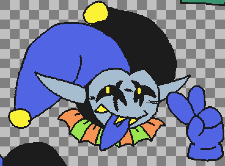 headshot of jevil doing a peace sign with his toing out. the peace sign hand is disembodied and floating and boooooooooo (scary)