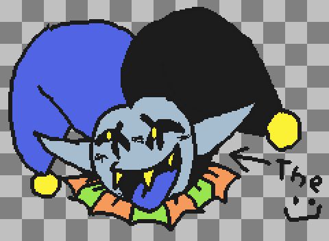 headshot of jevil looking to the right with a big ol smile. an arrow points to him, with text saying "the", with a smiley face :]