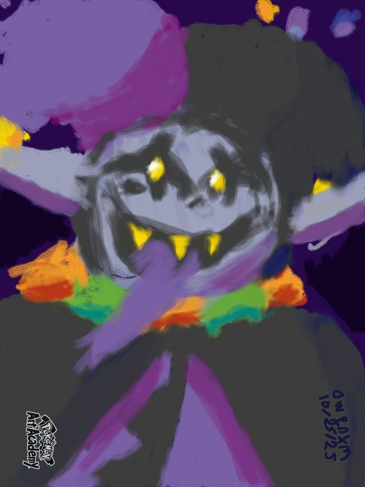a painted drawing of jevil from deltarune. he has his toing out, with a big ol smile. his eyes are shiny.
on the bottom left, is a sideways pokémon art academy watermark. on the bottom rght, is drawn text that reads "10/25/25 owenxm"