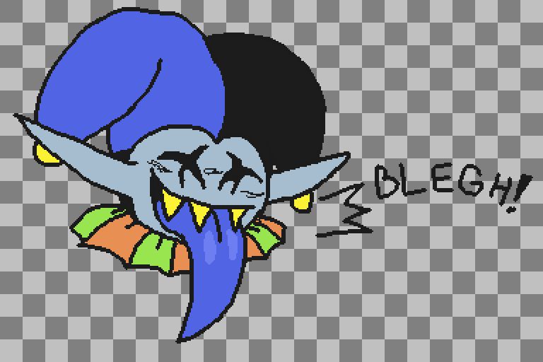 jevil sticking his tongue out in a mocking manner. dialogue beside him reads "BLEGH!"