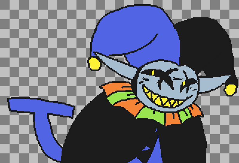 jevil hunched over with his cape nearly covering his torso. he has a toothy grin and is looking to his side in an evil way. he actually looks so evil in this it's kinda scary