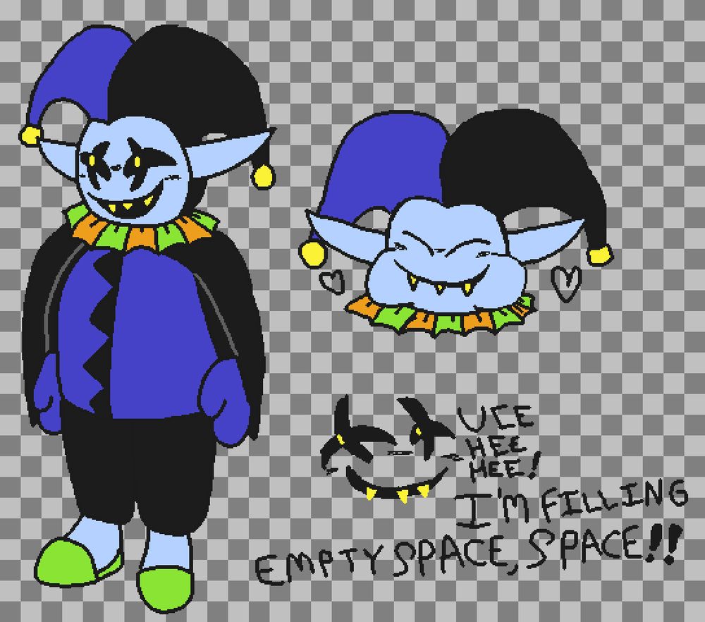 doodles of jevil from deltarune. the first one is him just kinda standing there, arms to his sides. he's kind of a little freak. the second is him with big ol yum cheeks, as if he took a bite. on the bottom right, there's a doodle of just his face, with text near it saying "uee hee hee! I'm filling empty space, space!!"