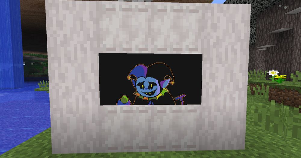 all images are screenshots of minecraft.
a stripped pale oak log wall with item frames in the middle, with map art of jevil on them.