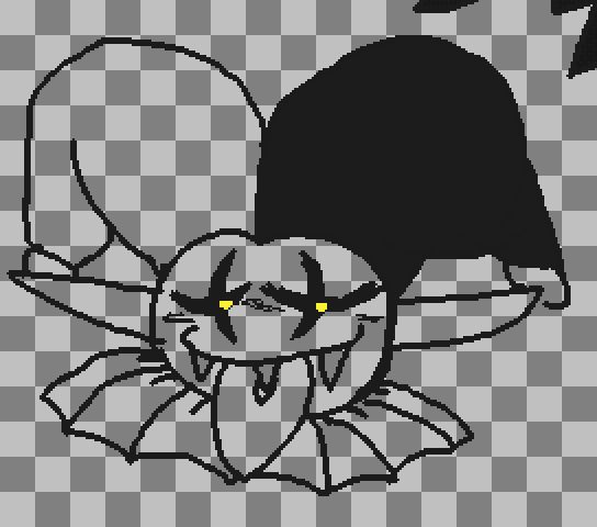 headshot of jevil lookin at you in a weird uncouth way. all toing style and stuff