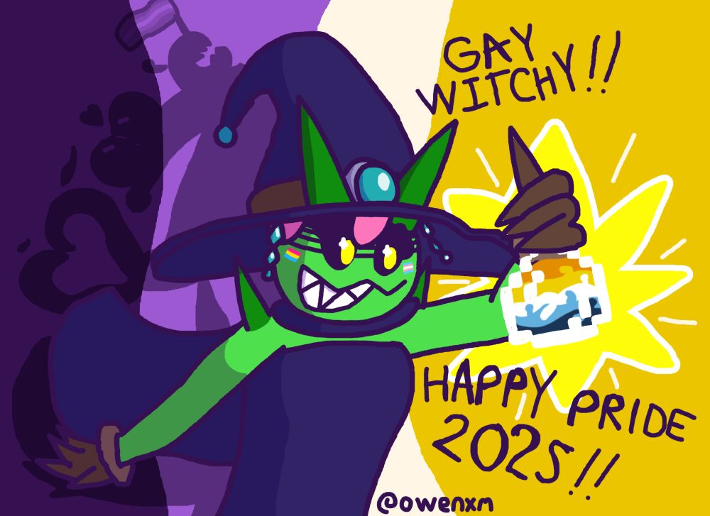 a drawing of the cactus in her witch outfit, proudly holding a minecraft potion in front of her. the potion is full of fluid that looks like the aroace flag. she has a toothy grin, with pride flags on her cheeks. these flags being the pansexual flag, and the transgender flag. her shadow has various shadow creatures, doing prideful things. from top to bottom: a toothy creature waving a pride flag; two creatures kissing; and two tentacles forming a heart. the background is a wavy nonbinary flag. text reads "gay witchy!!" and "happy pride 2025!!"