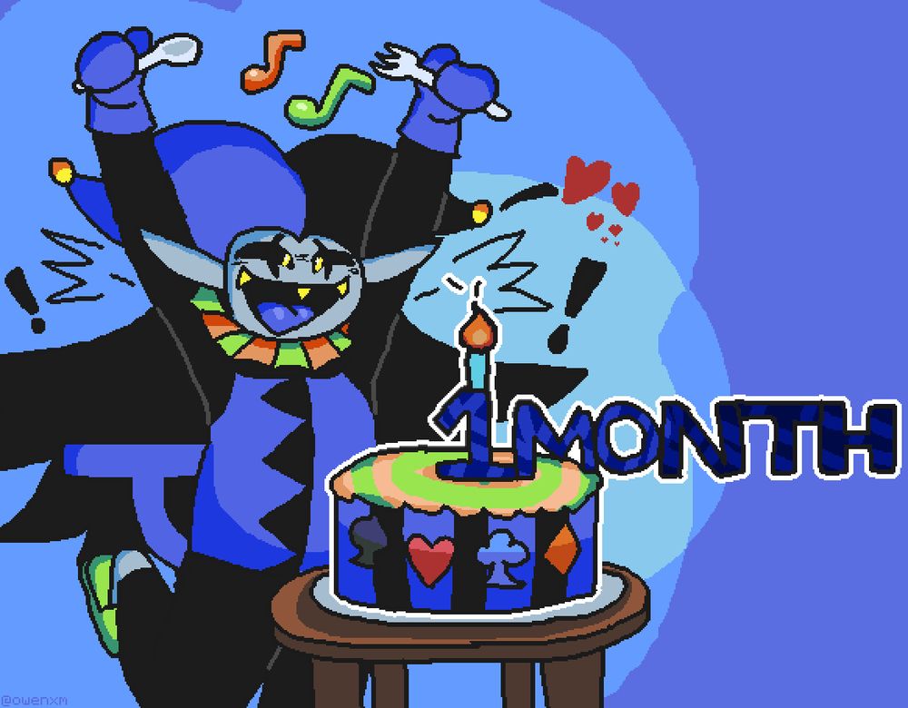 a drawing of jevil getting ready to properly chomp a cake. he's in a very excited pose, holding a fork and a spoon, with a great big smile on his face. the cake in question is in front of him, placed upon a plate on a brown table. the cake is styled after his outfit: purple and black vertical stripes on the sides, with all of the card suits placed upon it, and orange and green icing on the top, in a swirl. the 1 month candle is placed on top, with the 1 in the middle, and then the month just going off to the side because I think it's funny. the cake and candle are outlined in white. various effects are placed around jevil: hearts, music notes, spiky things showing shock or excitement, and exclamation marks.
the background is various shades of overlapping blue.