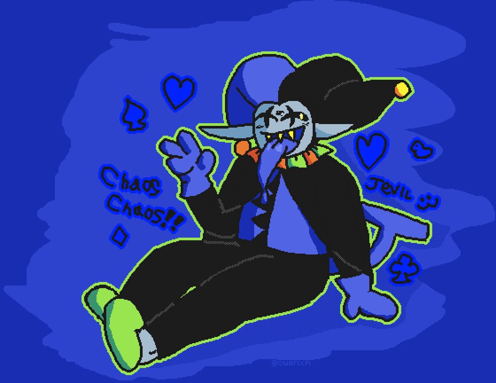 jevil sitting on his BUTT. he's doing a peace sign with his right hand while having his other hand on the ground beside him. he's looking to his left with a smile, with his big ol toing out.
various symbols and text are around him. from the top right, clockwise, there is: a hearts symbol, a duck from his battle, text that reads "jevil" with a cat emoticon, a clubs symbol, a diamonds symbol, text that reads "CHAOS CHAOS!!", a spades symbol, and another hearts symbol. the background is a similar blueish purple shade that his outfit is, with a lighter color of the same shade being scribbled around him.
