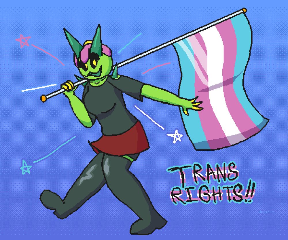 the cactus in a sort-of walking pose, bending her left leg at the knee with her right leg outstretched, while leaning over a bit, while holding a transgender flag over her shoulder. there's stars flying off of her. the background is a light blue-blue gradient. text on the bottom right reads "TRANS RIGHTS!!", bordered in transgender colors.