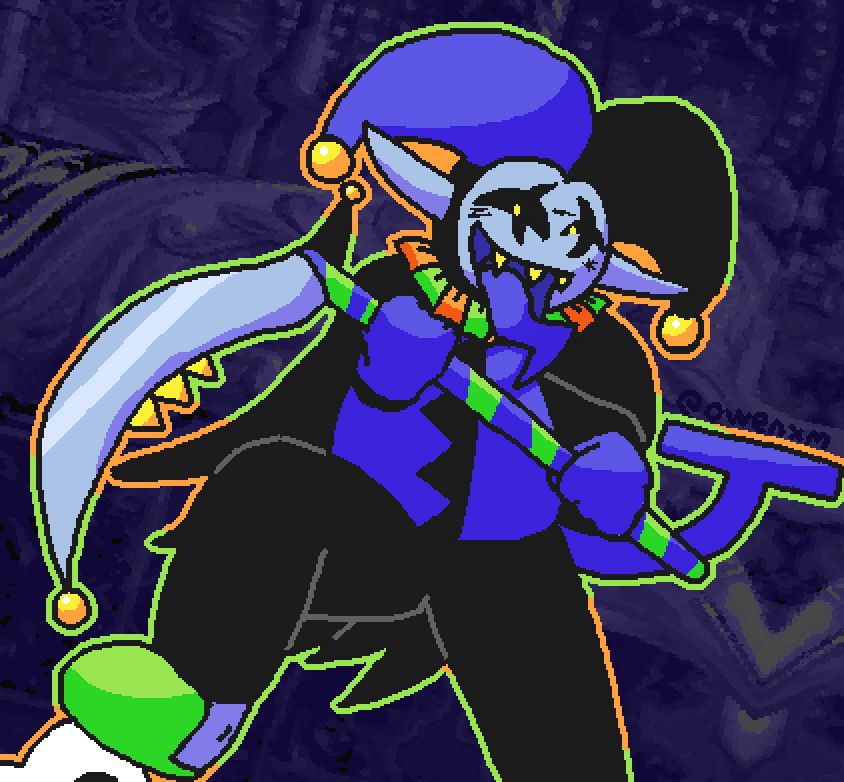 jevil from deltarune looking menacingly at the camera with his evil scythe thing aka the devilsknife. he's sticking his tongue out all crazy style, and it's all angular and sh*t. how does he do it. 
he has his foot up on one of the duck things from his battle. the everyman one in specific.
he's outlined in striped orange and green, same colors as his ruffle collar thing.
the background is the strange carousel from his battle aswell.