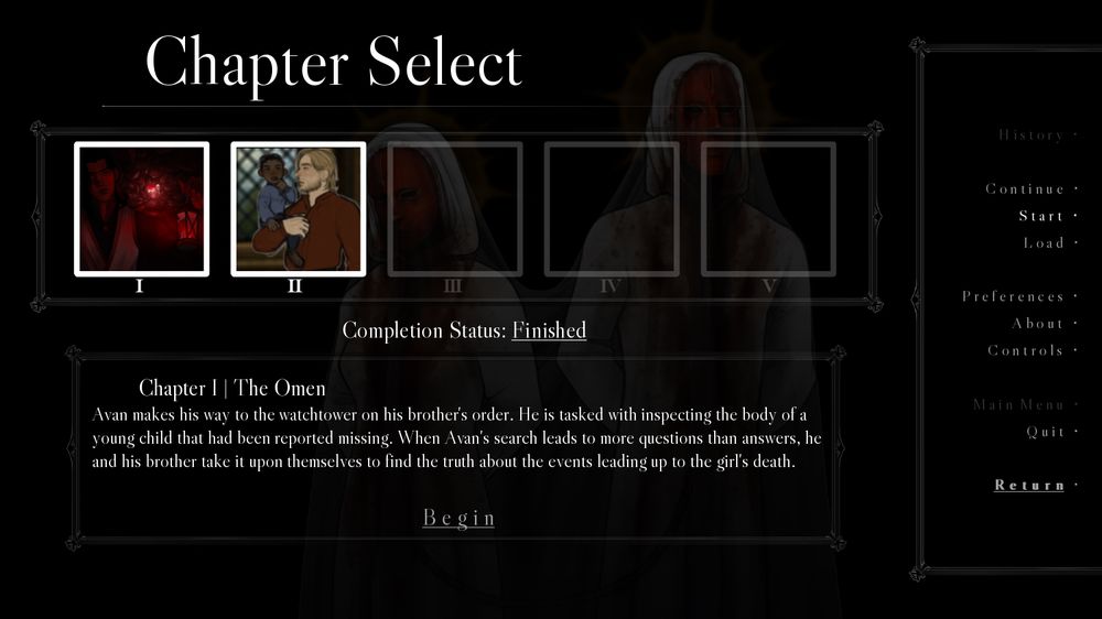 this is a chapter select menu screen from my game Divine Omen!! there are 5 clickable boxes labeled 1 through 5 that allow you to skip to each chapter
