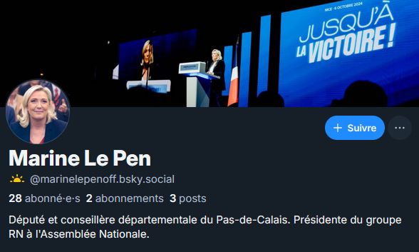 Screenshot de la bio du compte de Marine Le Pen, ex-présidente du parti d'extrême droite confusionniste "Rassemblement National" fondé par des miliciens des collaborationnistes et des Waffen SS 